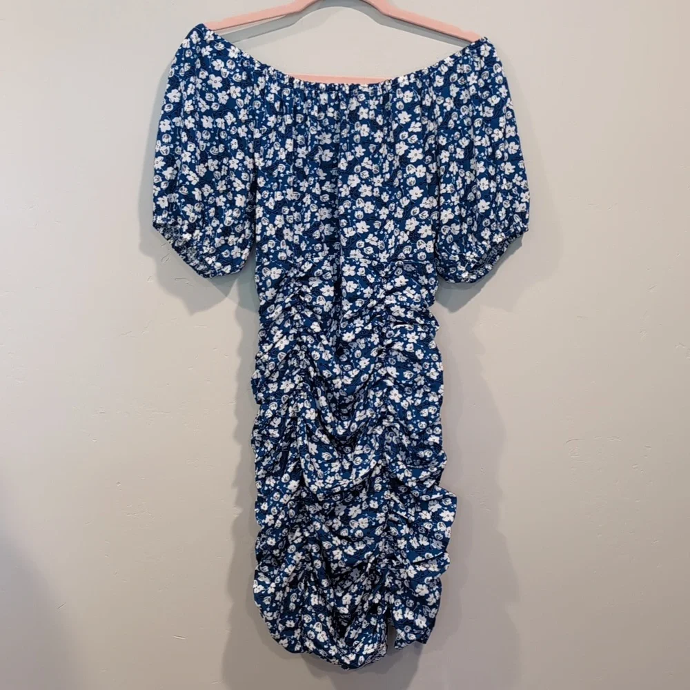 SHEIN Blue And White Floral Off Shoulder Tie Bust Ruched Front Mini Dress Large